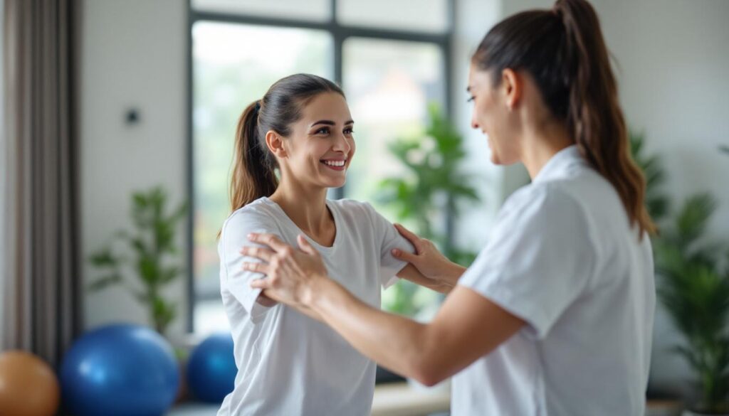 fisio sujetando los brazos de una paciente