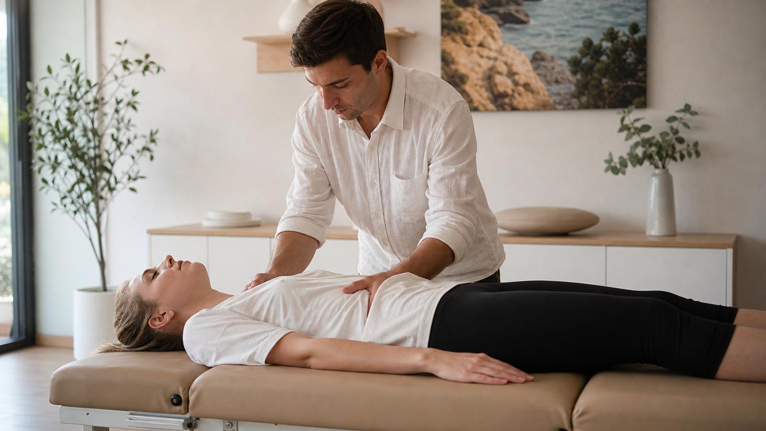 Male osteopath performing a manual therapy treatment on a woman's torso in a bright, minimalist clinic with Mediterranean decor.