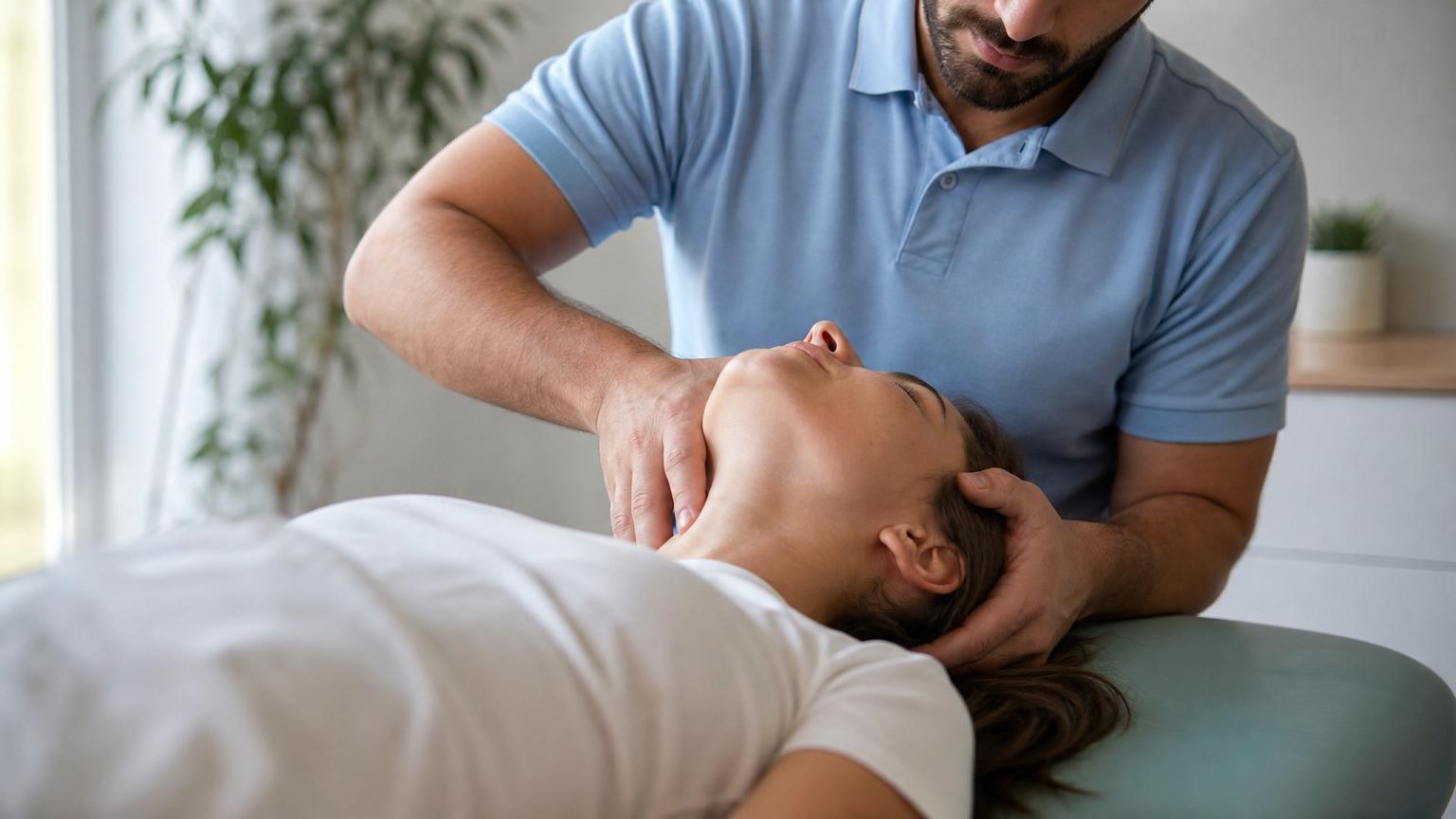 Male osteopath in a blue polo shirt performing a manual neck adjustment on a woman lying on a treatment table.