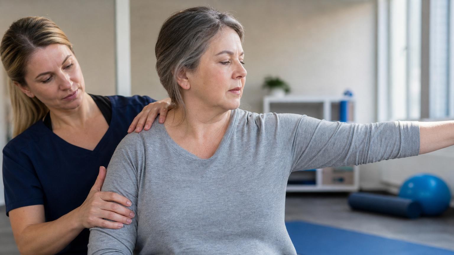 Female physical therapist in blue scrubs guiding a middle-aged woman through shoulder mobility exercises in a bright clinic.