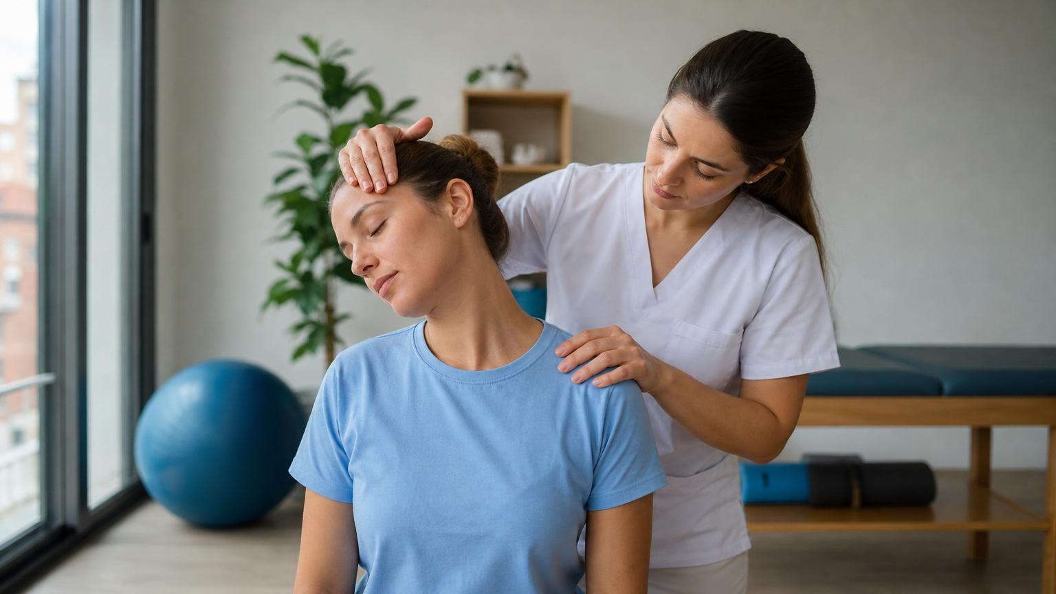 Female physiotherapist in white scrubs gently stretching a woman's neck in a bright clinic with a blue exercise ball and massage table.